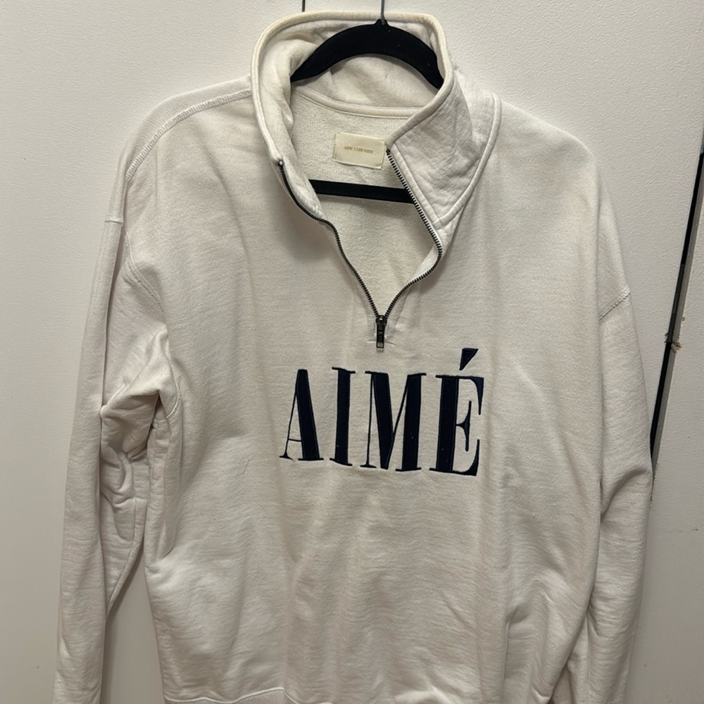 Aime Leon Dore quarter zip white with navy letters size large used very good